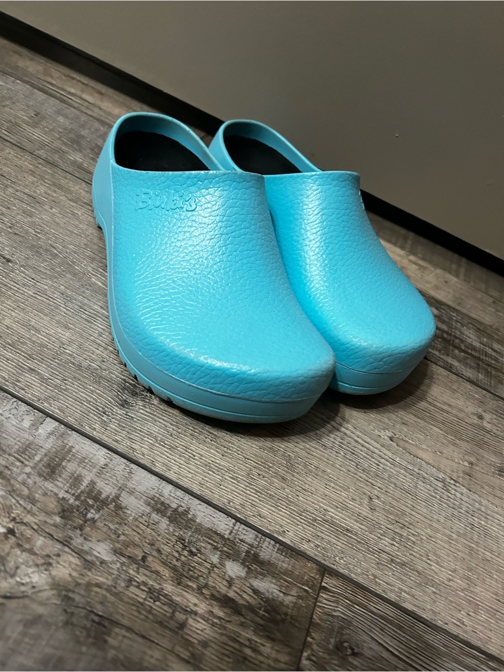 light blue aqua Birkenstock Super-Birki polyurethane work clogs waterproof